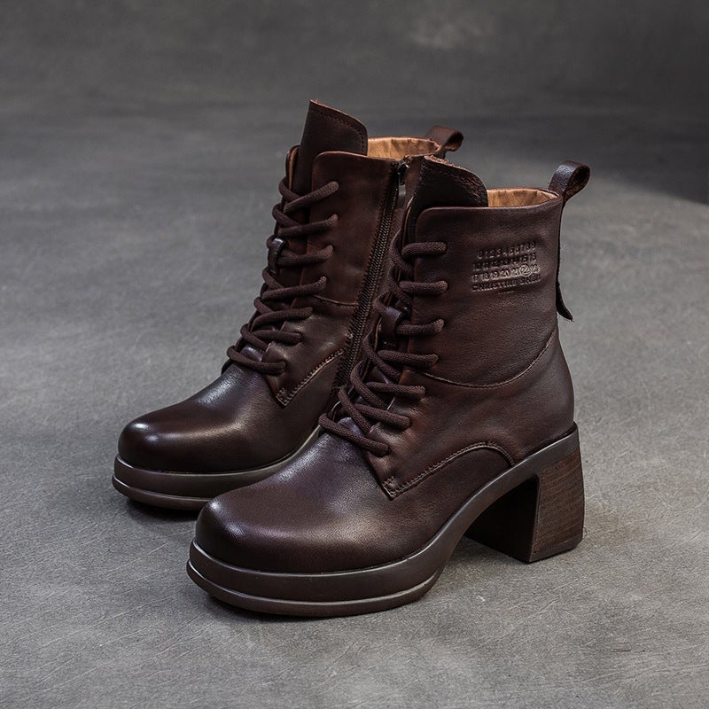 Shanghai Jietu 2024 Winter New High-Top Thin Boots Lace-Up Side Zipper Round Toe Martin Boots Fisherman Boots Short Boots - Image 1